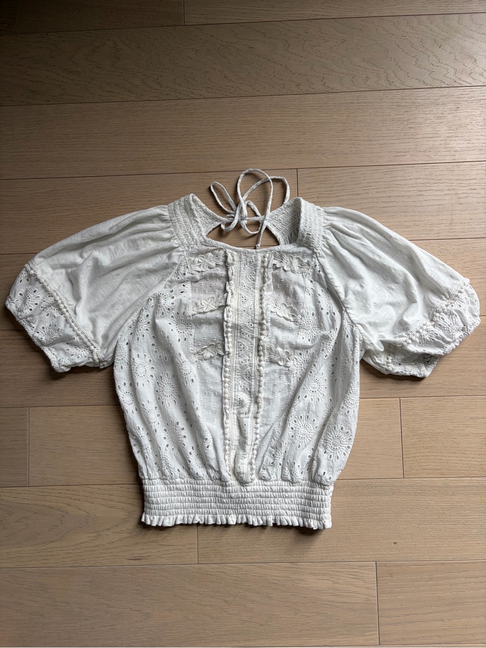 Anthropologie Porridge Smocked Waist White Eyelet Puff-Sleeve Blouse with Tie